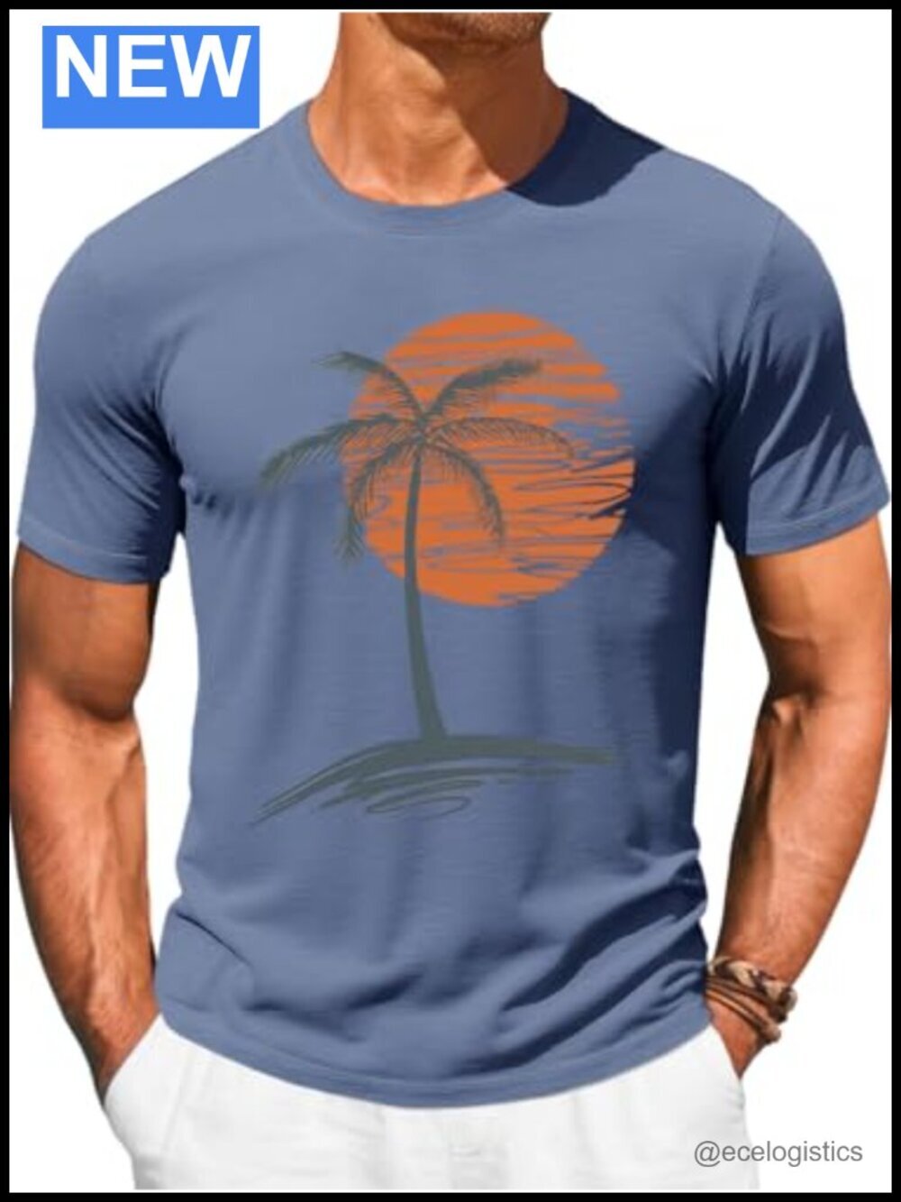 Men's Short Sleeve T-Shirt with Sunset Palm Tree Graphic - Crew Neck Casual Tee